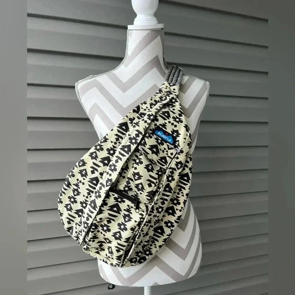 KAVU Rope Sling Bag Cotton Crossbody Black-White Aztec Backpack